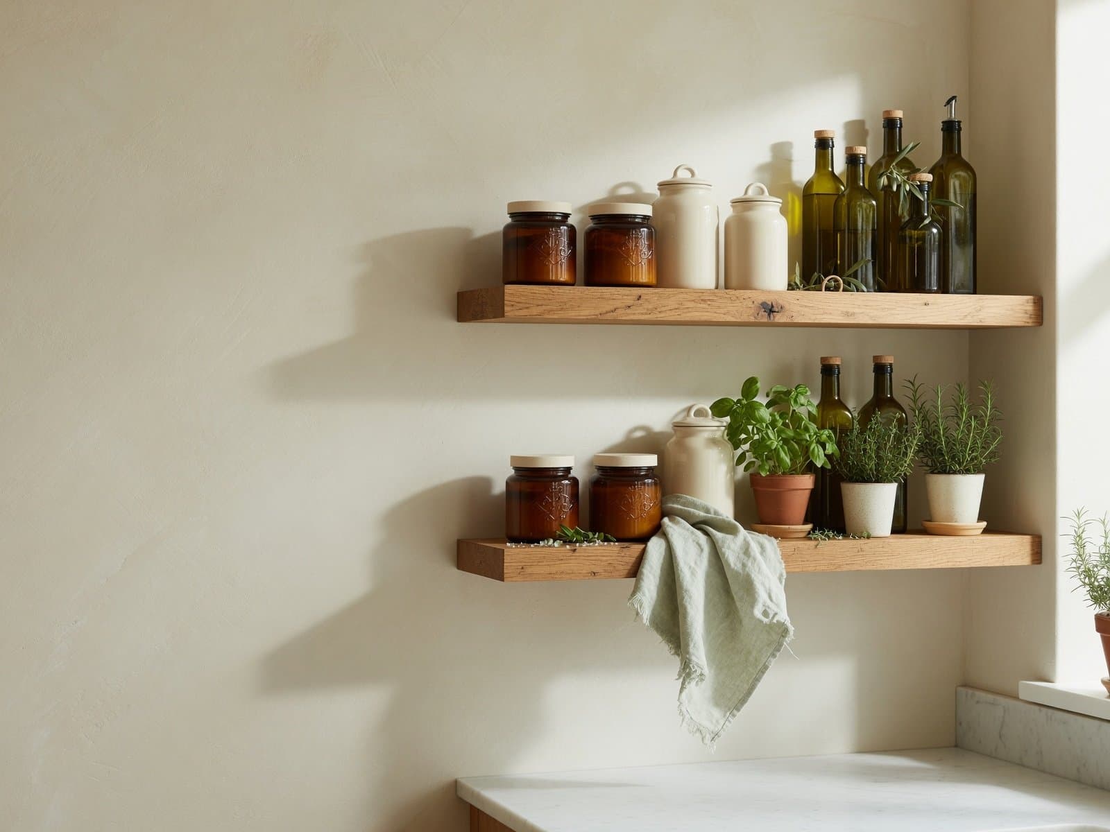 Open kitchen shelving styled with pantry jars and ceramics